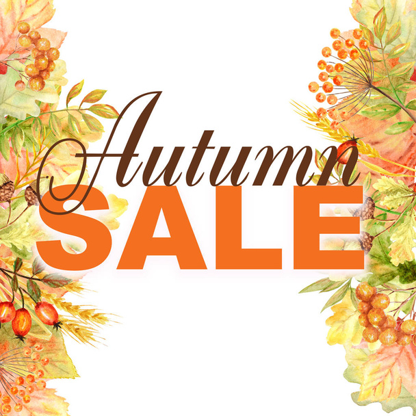 Autumn Sale text Frame isolated on a white background. Watercolor autumn leaf hand drawn illustration for posters design - Photo, Image