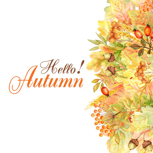 Hello Autumn Leaf frame geïsoleerd op een witte achtergrond. Aquarel herfst blad hand getekende illustratie. - Foto, afbeelding