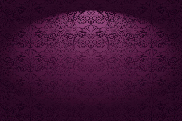 ロイヤル、ヴィンテージ、紫のゴシック水平背景、古典的なバロックパターンを持つマゼンタ、Rococo.edgeで調光。ベクトルイラスト Eps 10 - ベクター画像