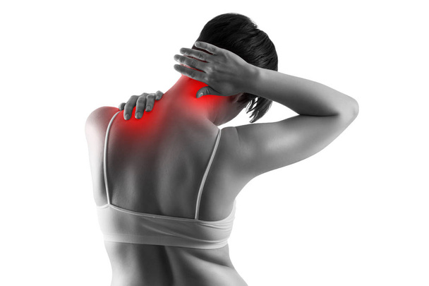 Dolor de cuello, mujer que sufre de dolor de espalda aislado sobre fondo blanco
 - Foto, Imagen