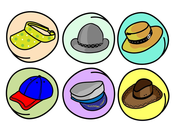 Set of Hats and Caps on Round Background - Vector, Image