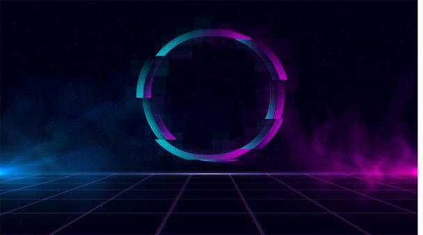 Synthwave vaporwave retrowave cyber landscape with sparkling glitch circle, laser grid, blue and purple glows with smoke and particles. Design for poster, cover, wallpaper, web, banner. - Vector, Image