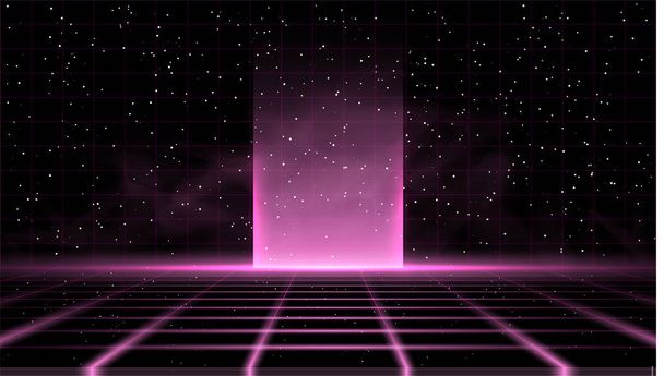 Synthwave vaporwave retrowave różowe tło z wielkim blaskiem w środku, Siatka laserowa, gwiaździste niebo i różowy dym. Projekt plakatu, okładki, Tapety, www, banner itp. - Wektor, obraz