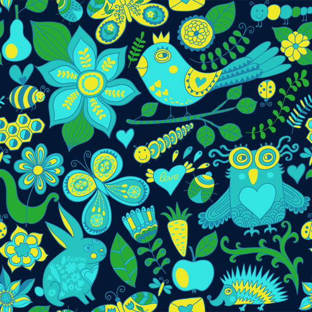 Vector forest seamless pattern. Floral background.Owl, rabbit, b - Вектор, зображення