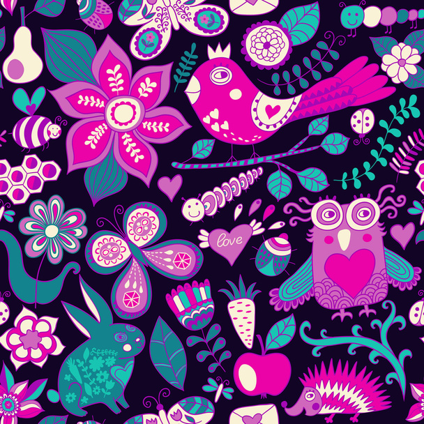 Vector forest seamless pattern. Floral background.Owl, rabbit, b - Vettoriali, immagini