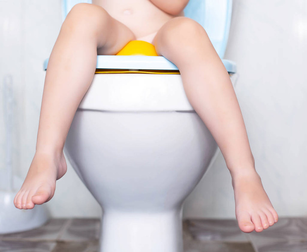 A small child is sitting in the toilet on the toilet, the concept of teaching the child to the toilet and the problems of digestion in children - Photo, Image