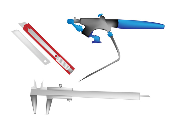 An Illustration of Airbrush, Caliper and Paper Knife - Vector, Image