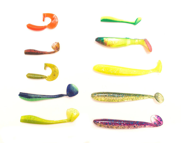 Silicone multicolored tackle bait for fishing, isolate, background - Fotografie, Obrázek