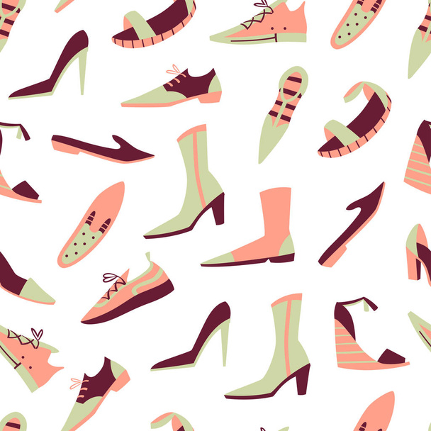 Seamless Pattern with Different Doodle Shoes. Hand Drawn Vector Illustration. - Vector, imagen