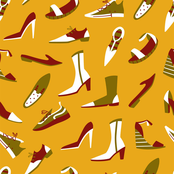 Seamless Pattern with Different Doodle Shoes. Hand Drawn Vector Illustration. - Vector, Imagen