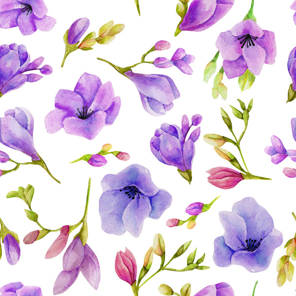 Watercolor purple freesia flowers seamless pattern, hand drawn on a white background - Fotó, kép