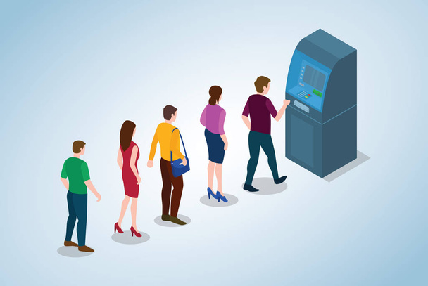 Geldautomaten-Schlangekonzept mit Menschen, die Schlange stehen, um Bargeld abzuheben mit modernem flachen Stil und isometrischem 3D-Vektor - Vektor, Bild