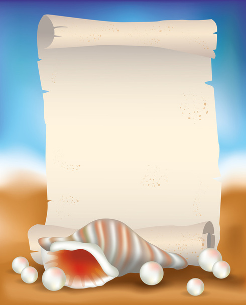 Rollo de papel en blanco sobre fondo tropical con concha marina y perlas, ilustración vectorial
 - Vector, imagen