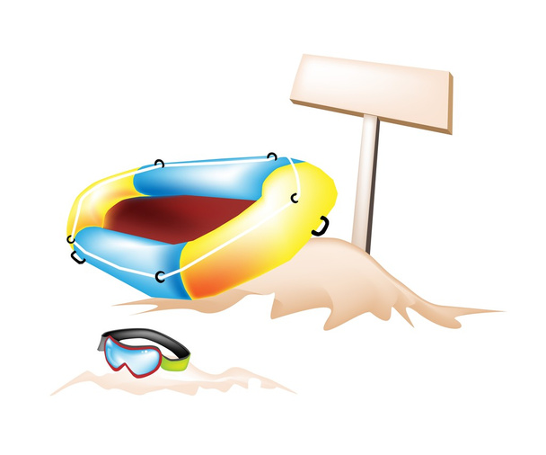 Schlauchboot und Tauchermaske mit Holzplakat - Vektor, Bild