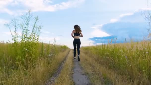 Fit Woman jogging ćwiczenia Running cardio na zewnątrz na polu letnim. Trening kobieta biegacz. - Materiał filmowy, wideo