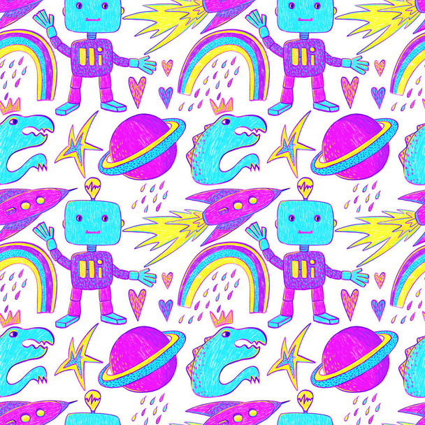 Patrón sin costuras en el tema maravilla niño con robots, arco iris, dinosaurios, planetas, cohetes, corazones, gotas de lluvia, estrellas
 - Foto, imagen