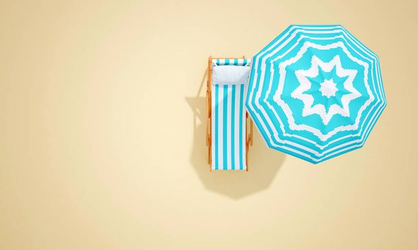 lounger with an umbrella on sand color top view - 写真・画像