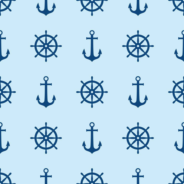 Blue ship wheel and anchor seamless pattern print. Marine vector seamless pattern design. Nautical print. - Vector, Image