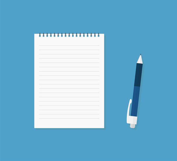 Notebook and pen on blue background. Empty paper. Businnes workspace. Education concept. - Vector, Image