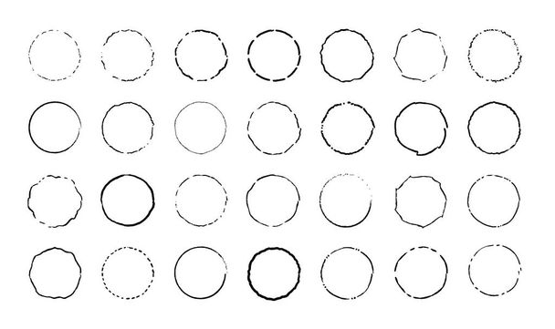 Circle set. Circles of shabby and curved lines. Round hand drawing stains set. Coffee cup and wineglass trails set. Vector round frames. - Vector, Image