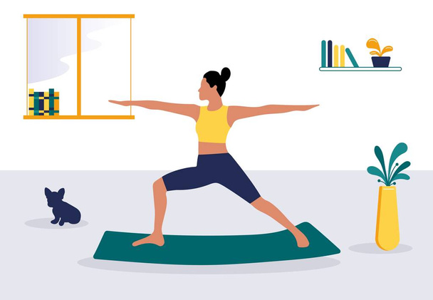 Woman practice yoga. Vector concept illustration of young girl for yoga, relax, recreation, healthy lifestyle in flat cartoon style. Girl performing aerobics exercise standing position - Вектор, зображення