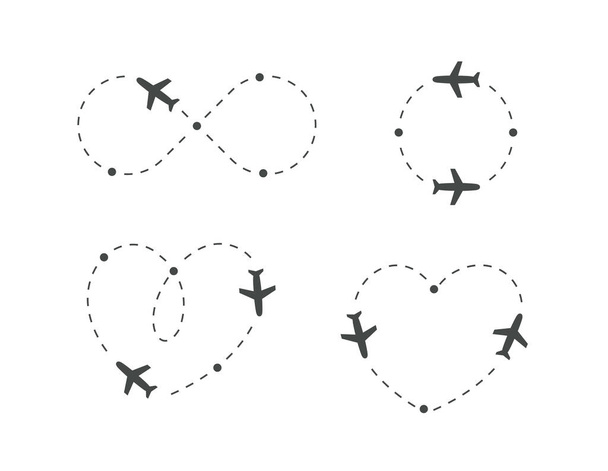 Пунктирний маршрут літака, набір піктограм. Силует літака і маршрут польоту. Цикл напрямку шляху, форма серця, коло, символ нескінченності. Концепція векторного логотипу
. - Вектор, зображення