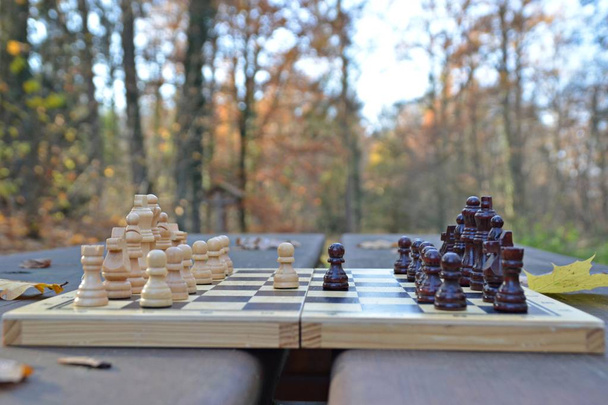 Um tabuleiro de xadrez com peças de xadrez está em pé em uma mesa de madeira na floresta de outono com folhas coloridas de outono ao lado dele duas peças de xadrez se enfrentam e causam uma briga com as respectivas equipes.
 - Foto, Imagem