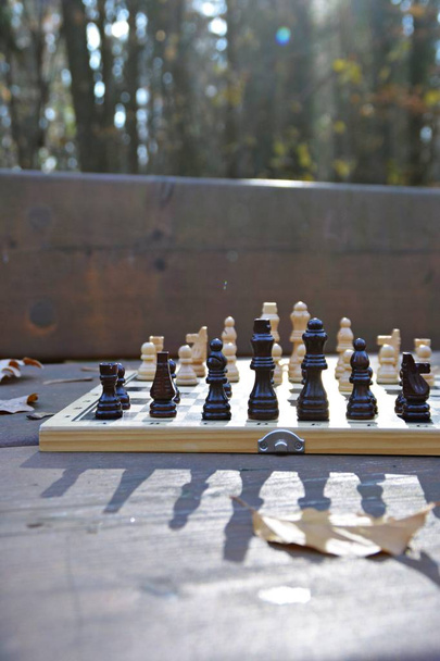 Шахматная доска с шахматными фигурами стоит на деревянном столе в осеннем лесу с красочными осенними листьями рядом - две шахматные фигуры лицом друг к другу и вызывают драку с соответствующими командами
 - Фото, изображение