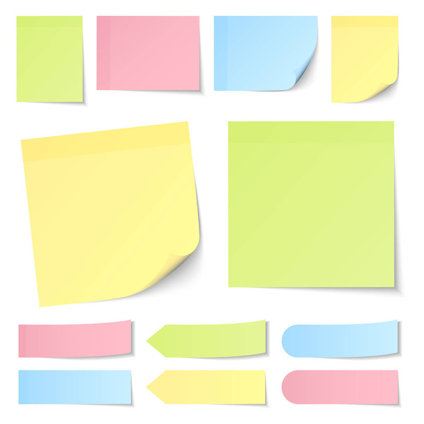 Набір різних липких нотаток пастельний жовтий зелений синій і рожевий
 - Вектор, зображення