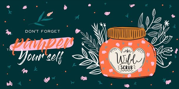 Skincare routine set with natural organic cosmetics products in bottles, jars, tubes for skin in trendy doodle style. Cute motivational and inspirational girl power lettering. Vector illustration - Vektor, kép