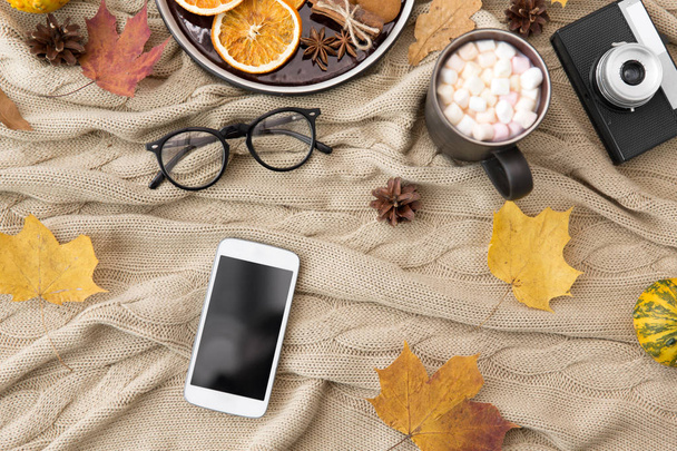 smartphone, hot chocolate and autumn leaves - Foto, Imagen