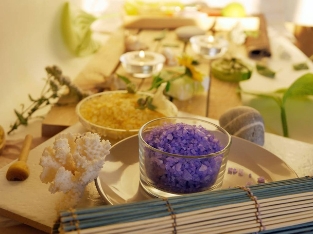 Natural soap, candles, sea salt, plants, stones, shells on the table, spa procedures, relaxation, healthy lifestyle - Photo, Image