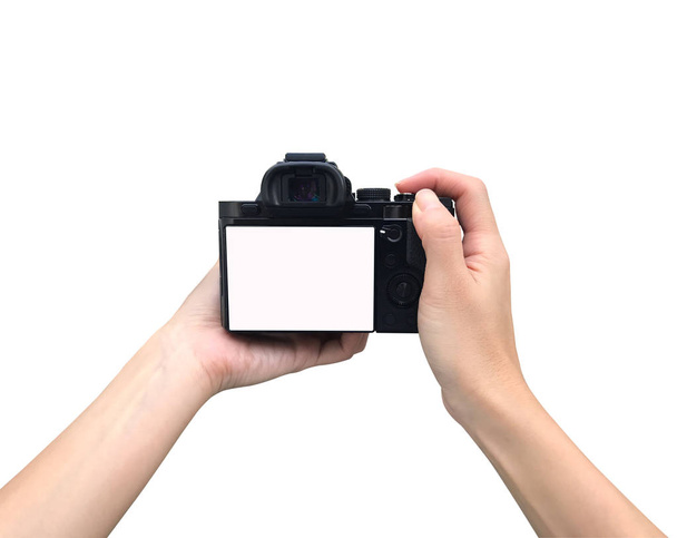  Holding camera with isolated background  - Zdjęcie, obraz