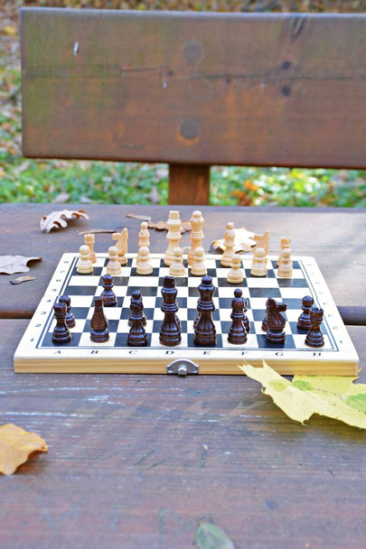 Шахова дошка з шаховими фігурами стоїть на дерев'яному столі в осінньому лісі з барвистими осінніми листям поруч - дві шахові фігури стикаються один з одним і викликають бійку з відповідними командами
 - Фото, зображення