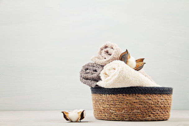 Spa and wellness composition with towels and beauty products. Wellness center, hotel, bodycare - Valokuva, kuva