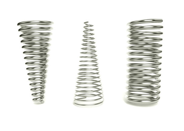 Ressorts en spirale métalliques avec extrémités ouvertes isolées sur fond blanc. Illustration 3D réaliste
 - Photo, image