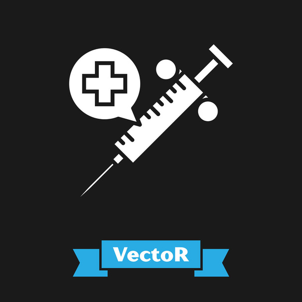 黒い背景に隔離された針のアイコンが付いている白い医学の注射器。ワクチン接種、注射、ワクチン、インスリンの概念。ベクトルイラストレーション - ベクター画像