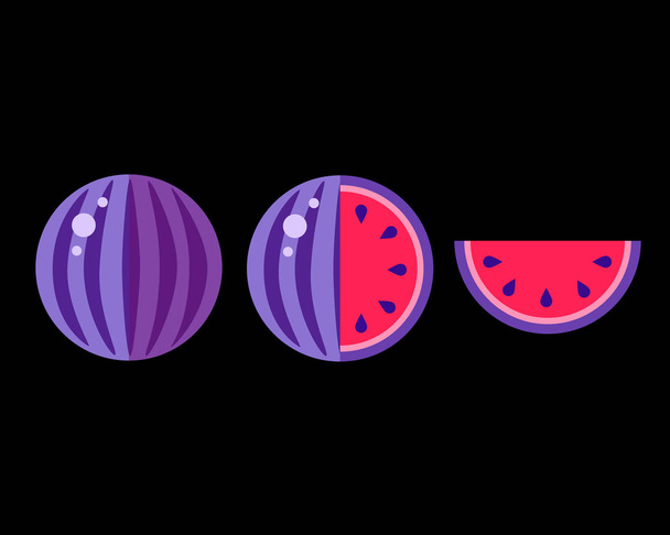 Illustration vectorielle violet pastèque rouge fond noir. Bonne journée nationale de pastèque. Pièces texturées de peinture fruitée, nourriture d'été entière pour motif t-shirt imprimé, décoration nutritionnelle, bannière
 - Vecteur, image