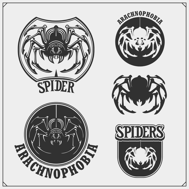 Arachnophobia club emblems. Night dance club, sport team design. Scary spooky spider. Print design for t-shirt. - Вектор, зображення