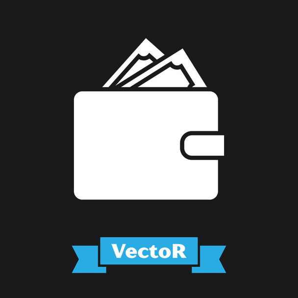 Witte portemonnee met stapels papieren geld cash icoon geïsoleerd op zwarte achtergrond. Een portemonnee icoon. Cash spaarsymbool. Vector Illustratie - Vector, afbeelding