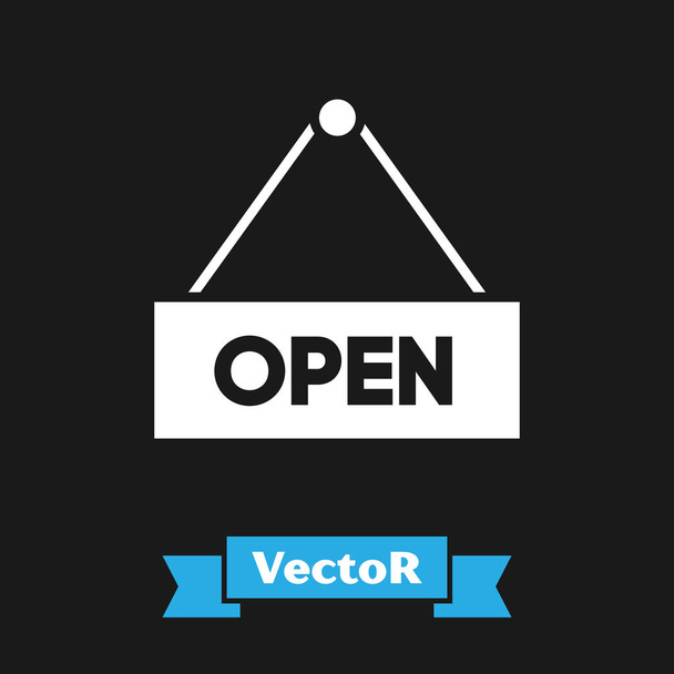 Cartel colgante blanco con texto Icono de puerta abierta aislado sobre fondo negro. Ilustración vectorial - Vector, imagen