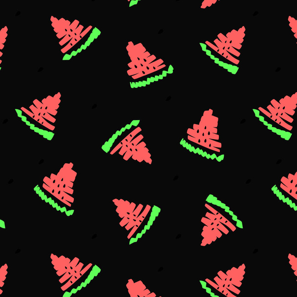 Rode watermeloen illustratie. Zomer fruit naadloze patroon zoete textuur. Seizoen voedsel zwarte achtergrond. Kleurrijke Kids print, t shirt Design kinderen boek papier stof textiel, sjabloon, café identiteit - Vector, afbeelding