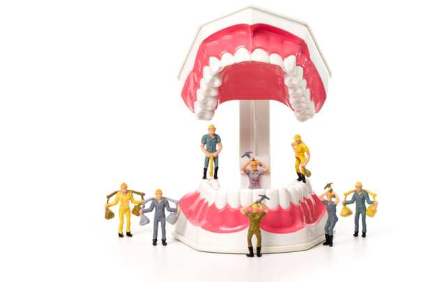ミニチュアの人々クリーン歯モデル、歯科ケアの概念 - 写真・画像