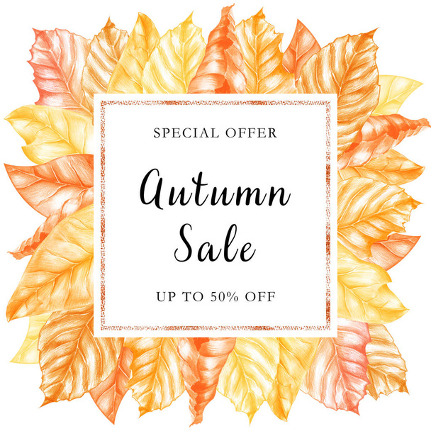 Watercolor autumn fall frame with yellow leaves. Could be used for wedding invites, autumn festivals, sales,  greeting cards, back to school cards and other autumn events. - Photo, Image