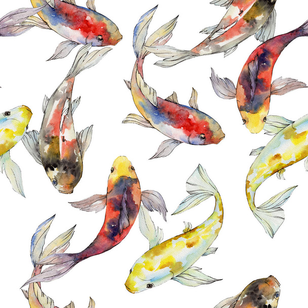Aquático subaquático colorido tropical goldfish set. Conjunto de ilustração de fundo aquarela. Padrão de fundo sem costura
. - Foto, Imagem