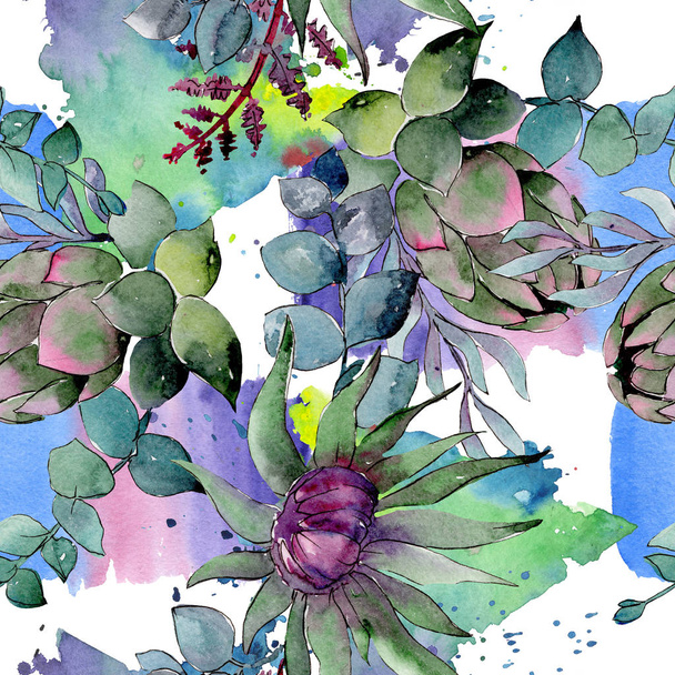 Bouqet succulent floral botanical flowers. Watercolor background illustration set. Seamless background pattern. - Fotoğraf, Görsel