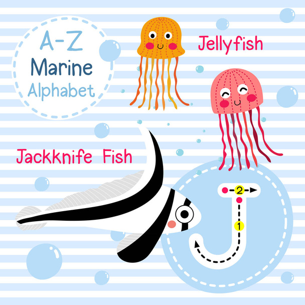 J letter tracing. Jellyfish. Jackknife Fish. Cute children sea marine alphabet flashcard. Funny cartoon animal. Kids abc education. Learning English vocabulary. Vector illustration. - Vektori, kuva
