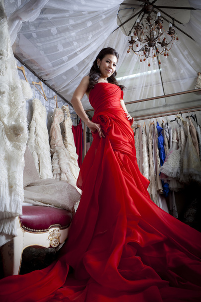 Beautiful asian woman in luxury red dress - Fotoğraf, Görsel
