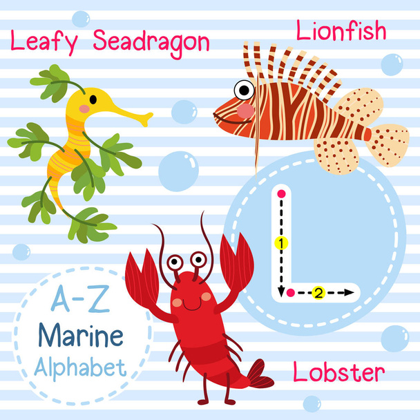 L letter tracing. Lobster. Lionfish. Leafy Seadragon. Cute children sea marine alphabet flashcard. Funny cartoon animal. Kids abc education. Learning English vocabulary. Vector illustration. - Vector, Imagen