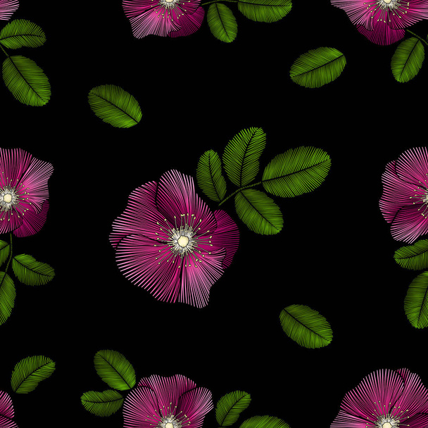 imitation embroidery rosehip seamless pattern on black background - ベクター画像